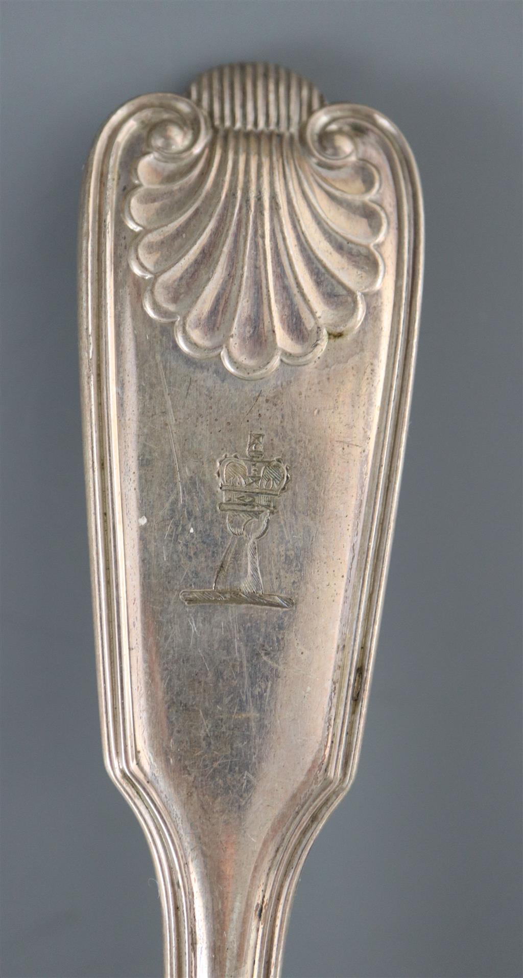 A set of eighteen Victorian silver double struck fiddle. thread and shell pattern dessert spoons, Emanuel Brothers,